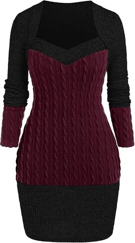 ROSE GAL Rosegal Women Plus Size Sweetheart Neck Two Tone Bodycon Long Sleeve Cable Knit Ribbed Mini Sweater Dress in Saudi Arabia