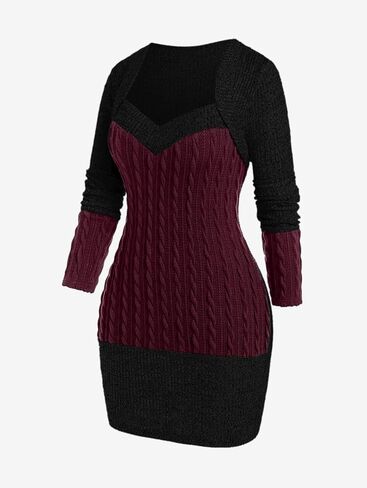 ROSE GAL Rosegal Women Plus Size Sweetheart Neck Two Tone Bodycon Long Sleeve Cable Knit Ribbed Mini Sweater Dress in Saudi Arabia