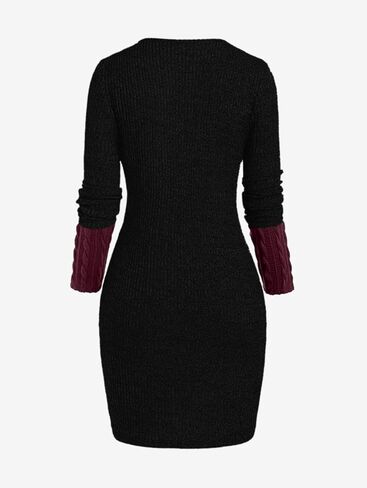 ROSE GAL Rosegal Women Plus Size Sweetheart Neck Two Tone Bodycon Long Sleeve Cable Knit Ribbed Mini Sweater Dress in Saudi Arabia