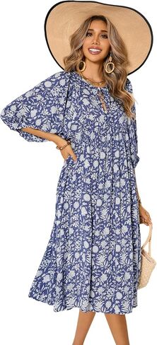 R.Vivimos Womens Summer Casual Midi Dress Lantern Sleeve Tie V Neck Boho Floral Print Loose Fit Flowy Long Dresses in Saudi Arabia