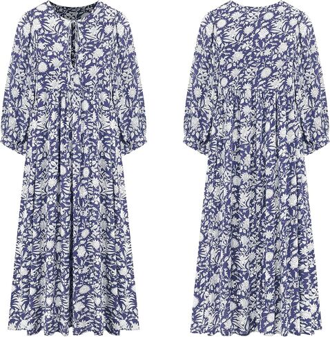 R.Vivimos Womens Summer Casual Midi Dress Lantern Sleeve Tie V Neck Boho Floral Print Loose Fit Flowy Long Dresses in Saudi Arabia