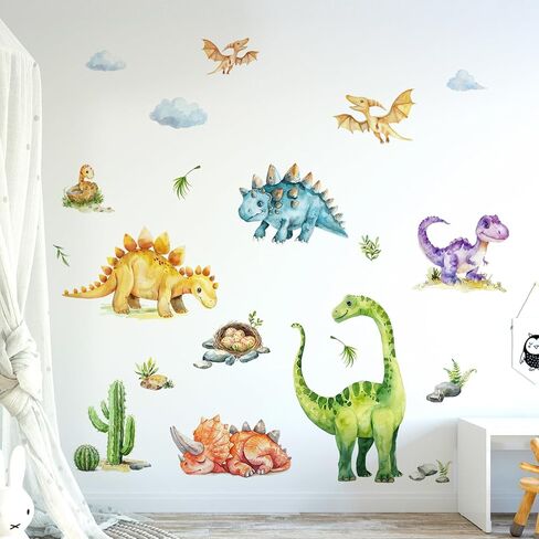 Tanlaby Dinosaur Wall Stickers Watercolor Dino Tropical Palm Tree Wall Decals Peel and Stick Decor for Baby Nursery Boys Kids Toddler Bedroom Playroom Classroom in Kuwait