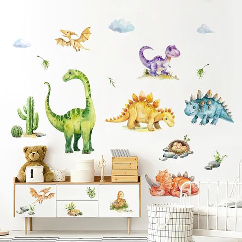 Tanlaby Dinosaur Wall Stickers Watercolor Dino Tropical Palm Tree Wall Decals Peel and Stick Decor for Baby Nursery Boys Kids Toddler Bedroom Playroom Classroom in Kuwait