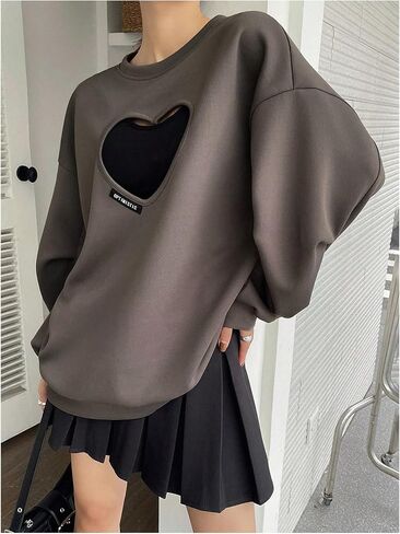 GORGLITTER Women's Heart Cut Out Sweatshirt Crew Neck Long Sleeve Pullover Tops in Saudi Arabia
