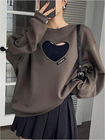 GORGLITTER Women's Heart Cut Out Sweatshirt Crew Neck Long Sleeve Pullover Tops in Saudi Arabia