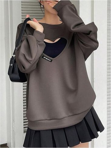 GORGLITTER Women's Heart Cut Out Sweatshirt Crew Neck Long Sleeve Pullover Tops in Saudi Arabia
