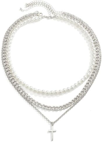 Pearl Necklace for Men Y2K Layered Cross Necklaces Mens Stainless Steel Chain Pearl Choker Compass Pendant 2/3PCS Necklaces Set for Men Women Jewelry for Father Boyfriend Husband in Saudi Arabia