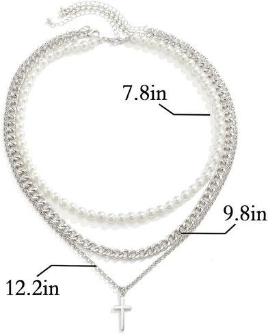 Pearl Necklace for Men Y2K Layered Cross Necklaces Mens Stainless Steel Chain Pearl Choker Compass Pendant 2/3PCS Necklaces Set for Men Women Jewelry for Father Boyfriend Husband in Saudi Arabia