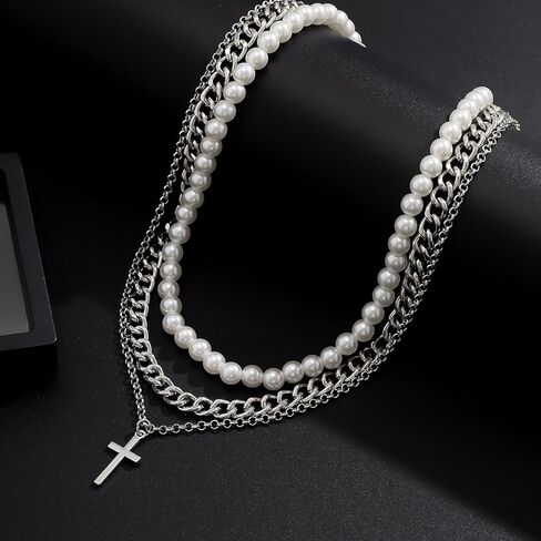 Pearl Necklace for Men Y2K Layered Cross Necklaces Mens Stainless Steel Chain Pearl Choker Compass Pendant 2/3PCS Necklaces Set for Men Women Jewelry for Father Boyfriend Husband in Saudi Arabia