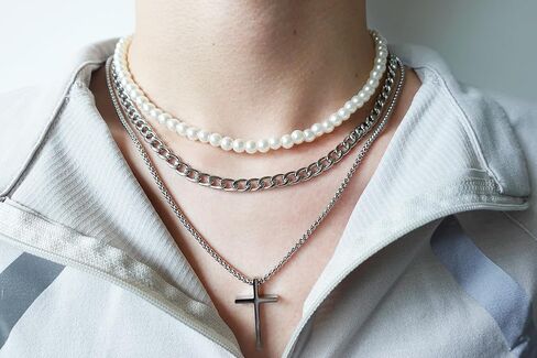 Pearl Necklace for Men Y2K Layered Cross Necklaces Mens Stainless Steel Chain Pearl Choker Compass Pendant 2/3PCS Necklaces Set for Men Women Jewelry for Father Boyfriend Husband in Saudi Arabia
