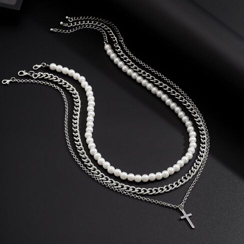 Pearl Necklace for Men Y2K Layered Cross Necklaces Mens Stainless Steel Chain Pearl Choker Compass Pendant 2/3PCS Necklaces Set for Men Women Jewelry for Father Boyfriend Husband in Saudi Arabia