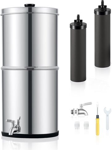 CO-Z Gravity-Fed Water Filter System, 2.25 gal UV Countertop Water Filtration System, Stainless Steel Water Purifier with 2 Carbon Filters, Water Level Spigot, Chamber Stand, NSF/ANSI 42 Certification in Saudi Arabia