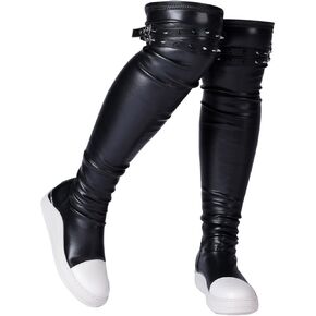 Knee High Boots for Women Goth Platform PU Leather Round Toe Comfortable Tall Booties