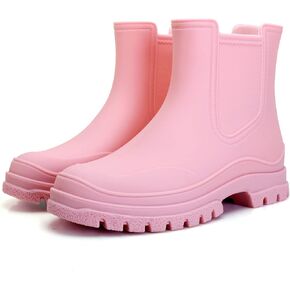 Hsttgsr Women's Rain Boots, Comfortable Elastic Adult Ankle Booties, Fashion Mid Heel Chelsea Boots, Waterproof Non-Slip Chunky Platform Lug Sole Short Garden Boots