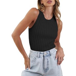 Vrtige Women's Casual Ribbed Knit Round Neck Sleeveless Solid Basic Cami Tank Top
