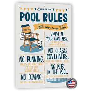 8x12 Funny Pool Rules Sign - 'Summer Fun' with Playful Swimming Guidelines - Humorous Indoor/Outdoor Decor White