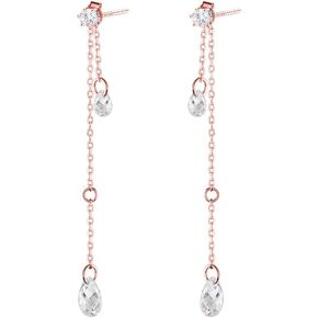 SLUYNZ Solid 925 Sterling Silver CZ Droplet Dangle Earrings Chain for Women Teens Teardrop Dangling Earrings Tassel Sparkling CZ Studs Chain