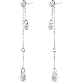 SLUYNZ Solid 925 Sterling Silver CZ Droplet Dangle Earrings Chain for Women Teens Teardrop Dangling Earrings Tassel Sparkling CZ Studs Chain