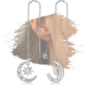 Sterling Silver Dangle Earrings Charms Moon Star CZ Hypoallergenic Fashion Jewelry with Chain Dainty Birthday Gift for Women