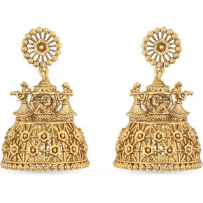 Tarinika Antique Gold Plated Vibhati Jhumkas with Temple Design - Indian Earrings for Women | Perfect for Ethnic Occasions | Traditional South Indian Jewelry | 1 Year Warranty*