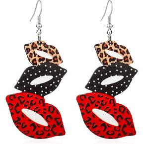 KaFu Red Lips Earrings 80s Retro Weird Red Lip Earring Boho Natural Wood Leopard Red Lips Dangle Drop Earring for Women Girls Statement Jewelry Gifts