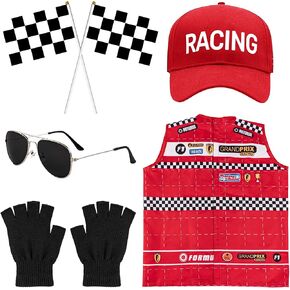 5Pcs Race Car Driver Costume Accessories Set, Car Cap Sunglasses Mini Black White Flag, Dress Up Cosplay for Halloween