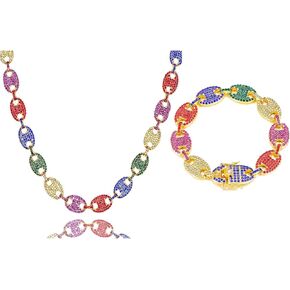 2 PCS Coffee Bean Chain Iced Out Miami Cuban Necklace Bracelet Diamond Multicolor Choker Necklace Bracelet for Men Women