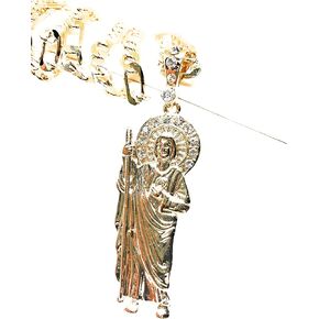 Saint Jude Pendant Necklace Figaro 26" San Judas Tadeo Medalla Con Cadena De Oro Laminado