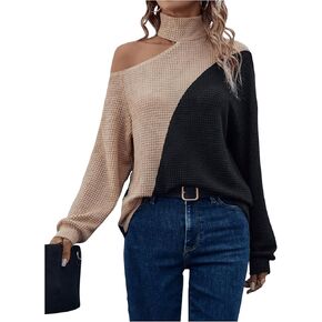 Women's Asymmetrical Neck Color Block Tee Tops Waffle Knit Long Sleeve Causal Shirts