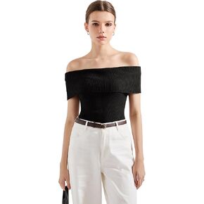 SUUKSESS Women Off Shoulder Going Out Sweaters Tops Short Sleeve Ribbed Knit Summer Sexy Shirts
