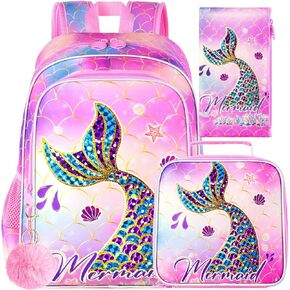 3PCS Mermaid Backpack, Water Resistant Girls Bookbag Set with Lunch Box，Cute Kids Elementary School Bag for Preschool Toddler