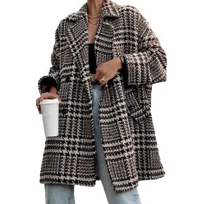 SOMTHRON Women's Houndstooth Trench Coat Double Breasted Notched Lapel Loose Mid Long Winter Pea Coat Overcoat