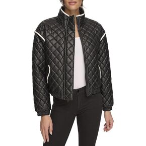 Andrew Marc Women's Faux Leather Quilted Bomber Jacket with Contrast Trim