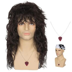 Miss U Hair 80s Punk Long Curly Brown Wig Men Heavy Metal Party Cosplay Halloween Wig