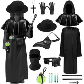 Plague Doctor Costume with Bird Beak Mask Hat Accessories Adult Dr Horror Scary Halloween Robe Outfit Set Cloak Gloves