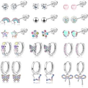 15 Pairs Screw Back Earrings Set for Women Hypoallergenic Surgical Steel Earring Cute CZ Butterfly Star Flower Stud Hoop Dangle ScrewBack Stud Earrings Set