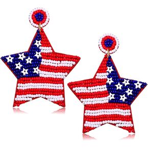 4th of July Earrings Beaded American Flag Star Dangle Earrings for Women Handmade Independence Day Patriotic Earrings Memorial Day Holiday Jewelry Gifts