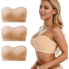 3 Pieces Strapless Bandeau Bra for Women, Seamless Bralettes Padded Bandeau Tube Top Bra