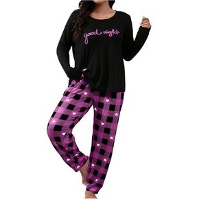 SOLY HUX Women's Plus Size Pajama Set Plaid Letter Print Long Sleeve Sleepwear Tee and Pants Loungewear