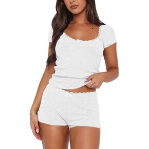 طقم صالة نسائي مكون من قطعتين برقبة سكوب وشريط دانتيل علوي وسروال قصير مكون من قطعتين طقم بيجامات صيفي للسيدات in Kuwait