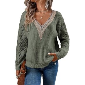SOLY HUX Women's Contrast Lace Sweater V Neck Long Sleeve Drop Shoulder Pointelle Knit Pullover Tops