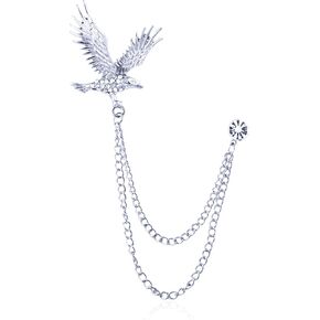 Vintage Hawk Chain Brooch Pin Animal Eagle Bird Long Chain Tassel Suit Lapel Pin Rhinestone Hawk Badge Pin Jewelry for Men Women