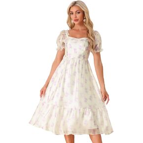 Allegra K Floral Organza Dress for Women's Summer Square Neck Puffy Short Sleeve Tulle Midi Dresses