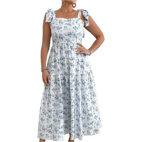 Floerns Women's Plus Size Floral Print Tie Shoulder Ruffle Hem Cami Long Dress