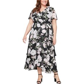 S.L. Fashions Women's Plus Size Short Sleeve Tiered Skirt Long Maxi Surplice Neckline, Wedding Guest, Special Occasion Dress