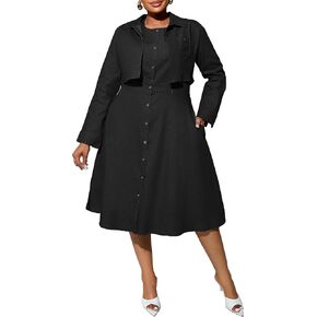 VERWIN Plus Size Two Pieces Denim Dress with Jackets Midi Dress Button Down Party Long Sleeve Shirt Dress Outfits
