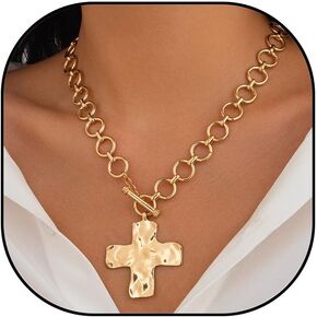 Chunky Cross Necklace for Women Gold Chunky Cross Pendant Necklace Layered Heart Toggle Necklace Hammered Cross Statement Necklace Thick Chain Necklace Jewelry