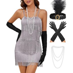 MISSKY Womens Roaring 20s Costumes Flapper Dress 1920s Gatsby Vintage Fringe Dress with Deco Set Spaghetti Strap Cocktail Dress for Gatsby Theme Party Silver M