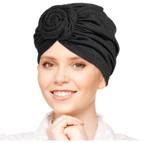 Turban Head Wraps for Women,Soft Turbans for Women,Tied Bonnet Turban Knot Beanie Cap Headwrap Hat,Sleep Hat Pleated Cancer Turban Cap Chemo Headwrap for Women Girl Black