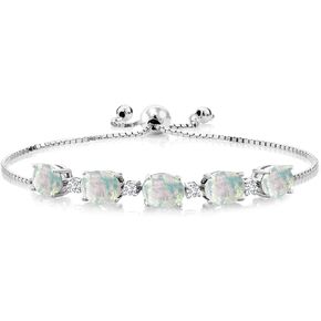 Gem Stone King 925 Sterling Silver Oval Cabochon White Simulated Opal and White Lab Grown Diamond Tennis Bracelet For Women (5.26 Cttw, Fully Adjustable Up to 9 Inch)